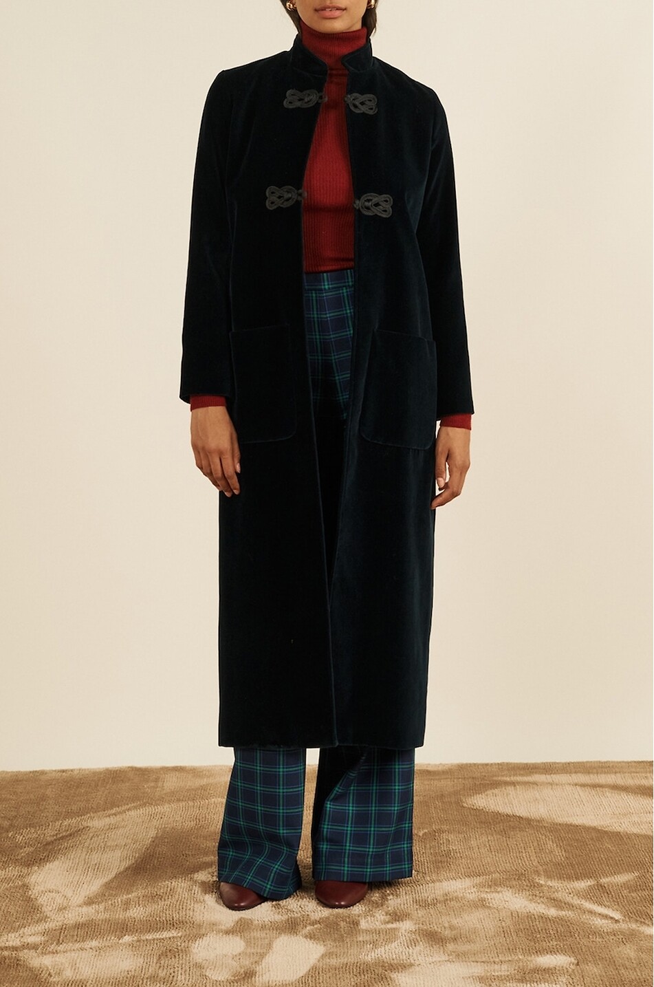 MARIA DE LA ORDEN Manteau long en velours à col mao Carnot Femme BLEU FONCE 2