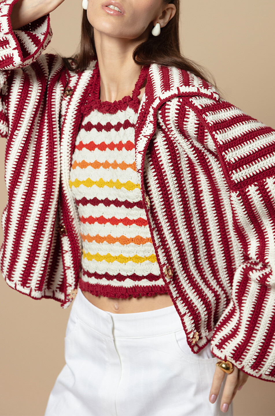 JESSICA K Daria striped crochet cotton shirt jacket Women RED 2