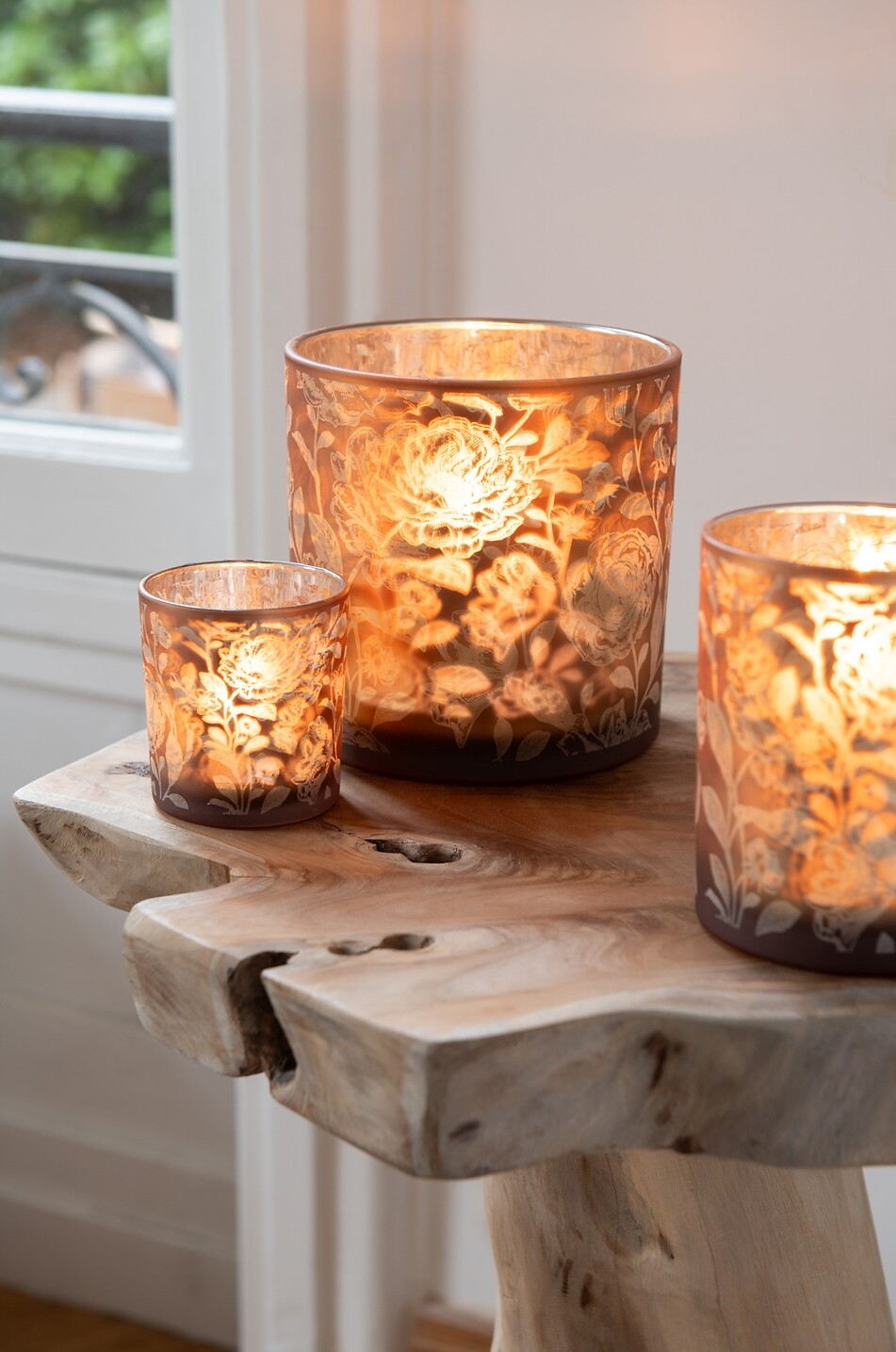 JOLIPA Frosted glass floral pattern tealight holder Home BROWN 4