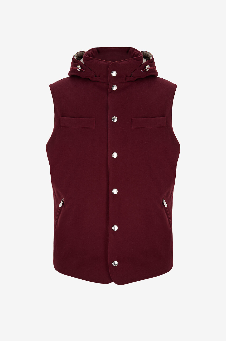 Down-padded water-repellent wool vest with hood