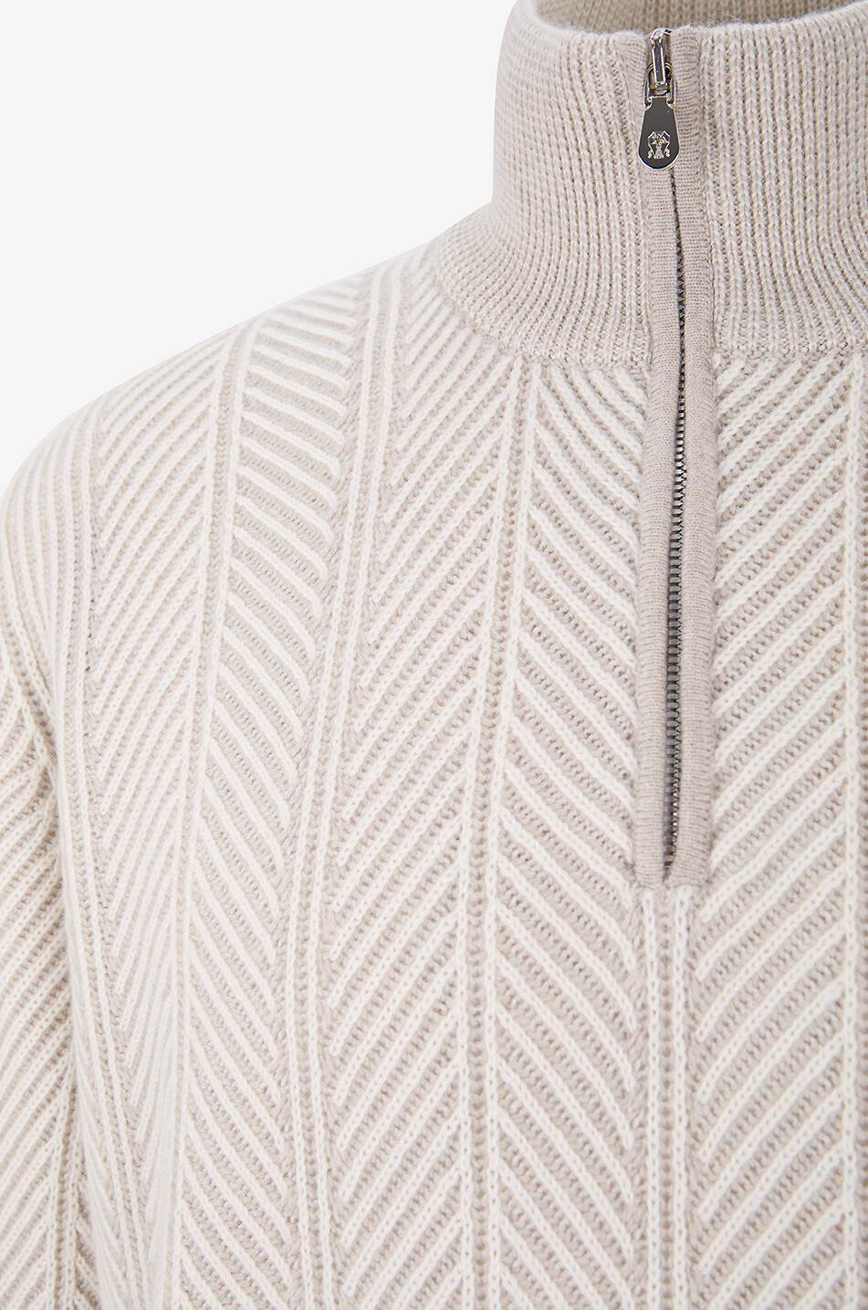 BRUNELLO CUCINELLI Pull à chevrons et col montant zippé en cachemire Homme BLANC CASSE 3