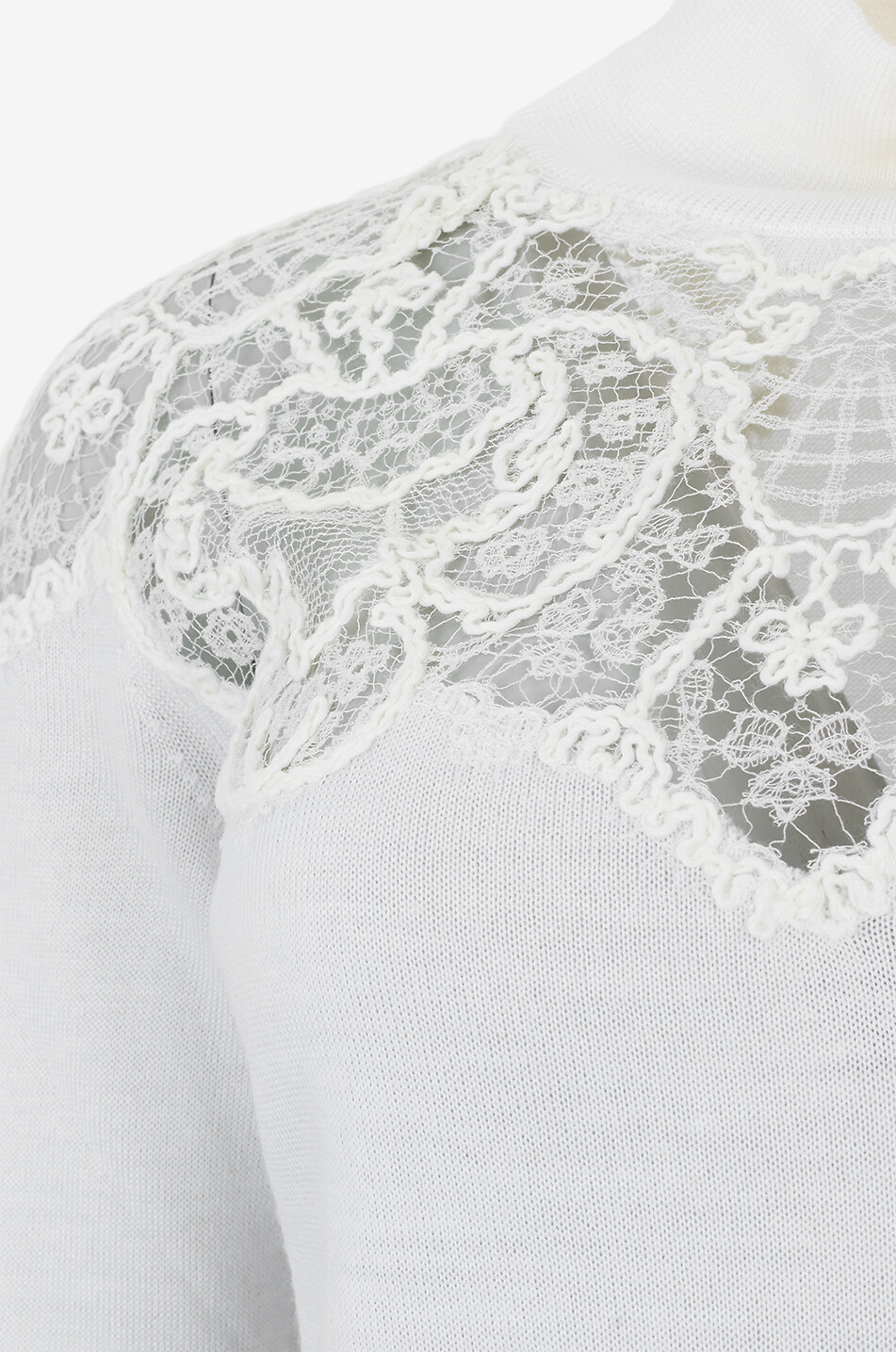 ERMANNO SCERVINO Pull fin à col montant en laine à empiècement dentelle Femme BLANC CASSE 3