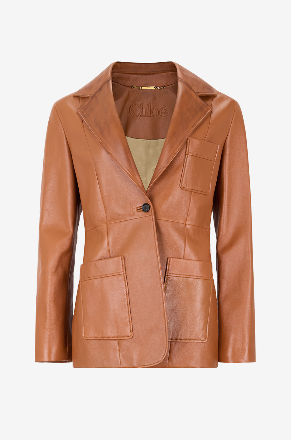 CHLOE Veste en cuir lisse à col revers Femme Beige Foncé 1