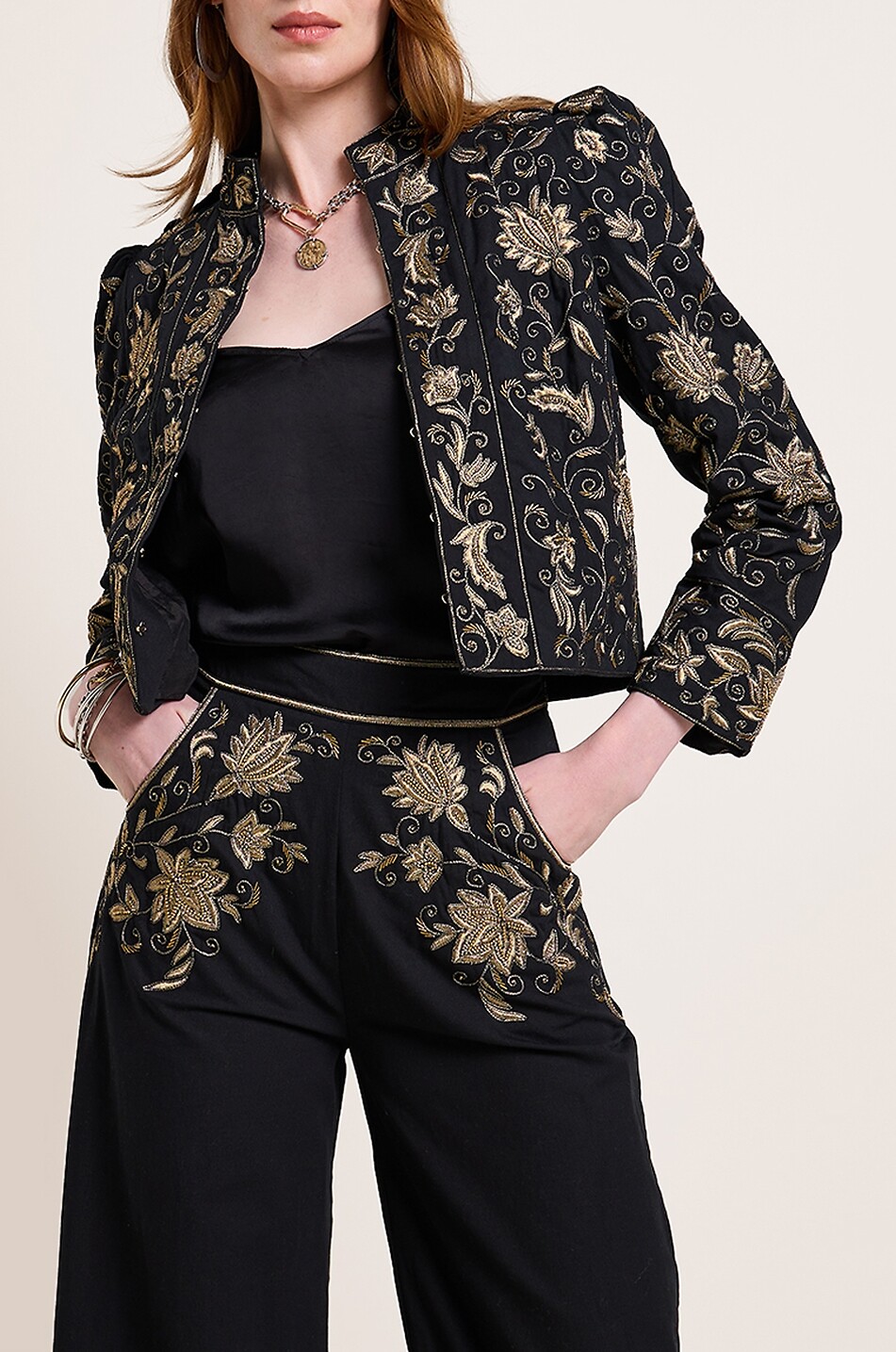 SCARLETT POPPIES Isi embroidered patterned wide-leg trousers Women BLACK 5