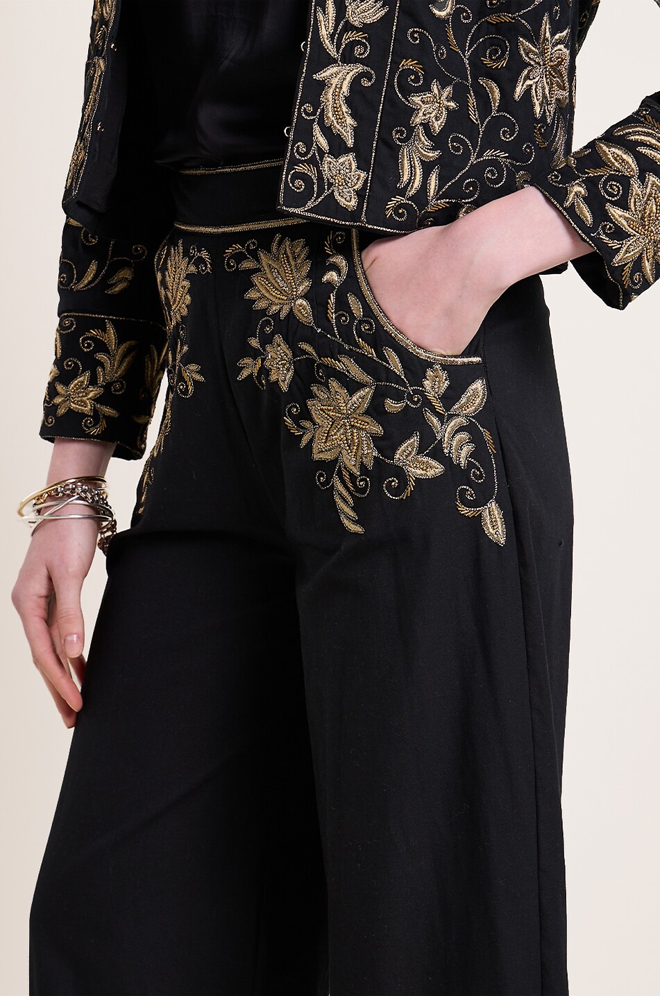 SCARLETT POPPIES Isi embroidered patterned wide-leg trousers Women BLACK 6