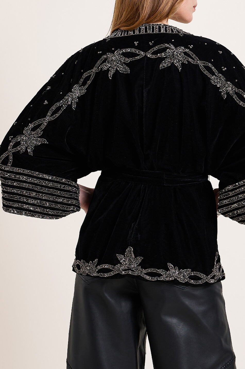 SCARLETT POPPIES Starlight embroidered plush velvet kimono Women BLACK 4