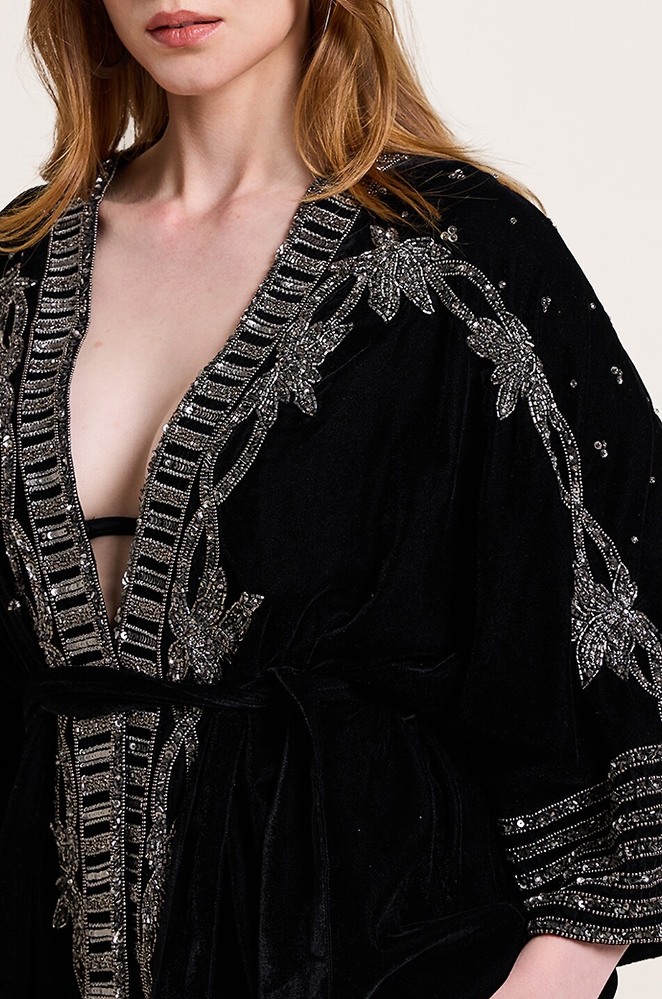 SCARLETT POPPIES Starlight embroidered plush velvet kimono Women BLACK 8