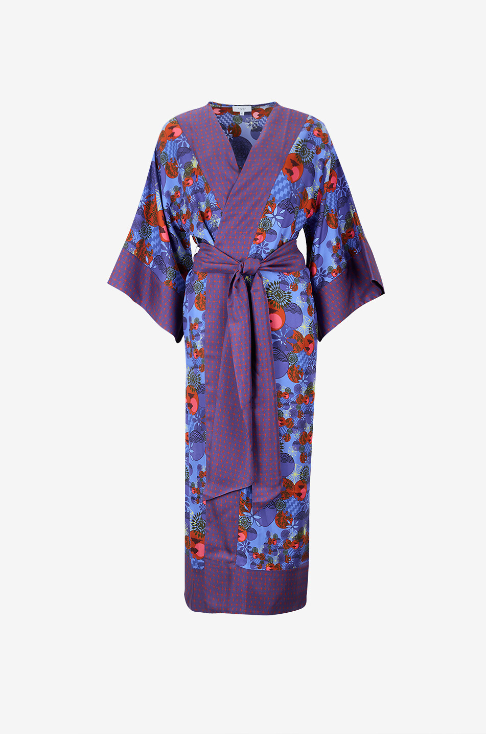 Kobe printed silk long robe with flared sleeves