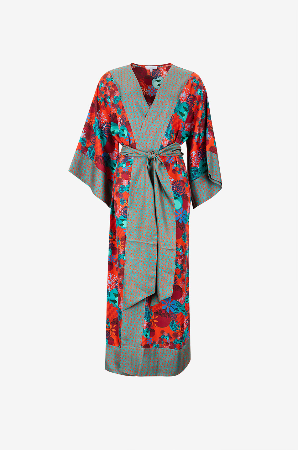 Kobe printed silk satin long kimono