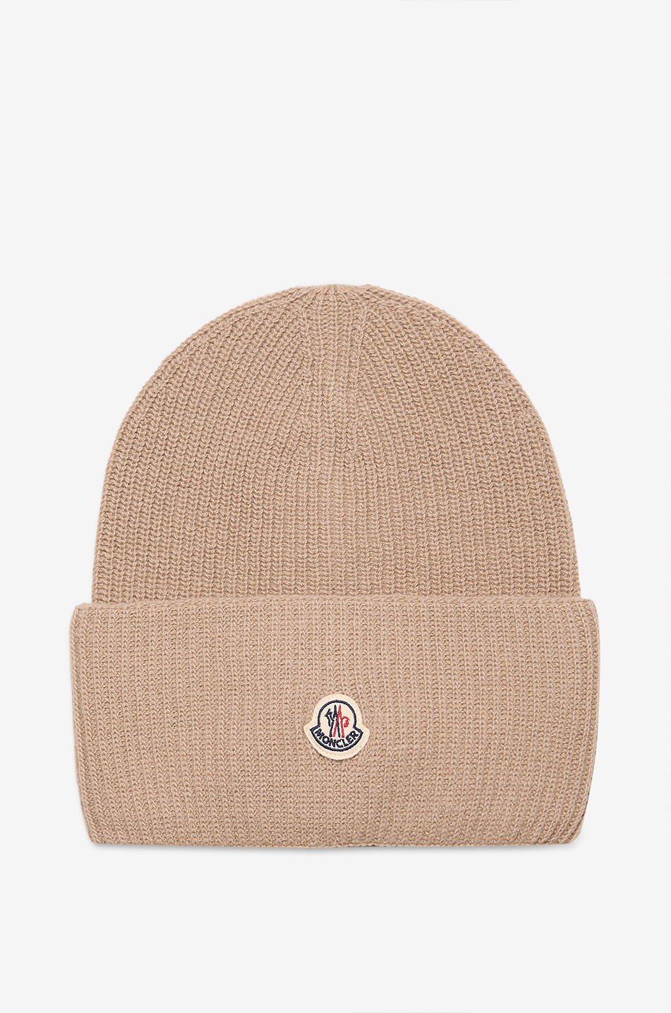 Virgin wool rib knit beanie with turn-up and patch - MONCLER