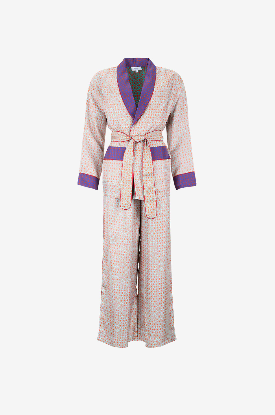 Ary printed silk satin shawl collar pyjamas