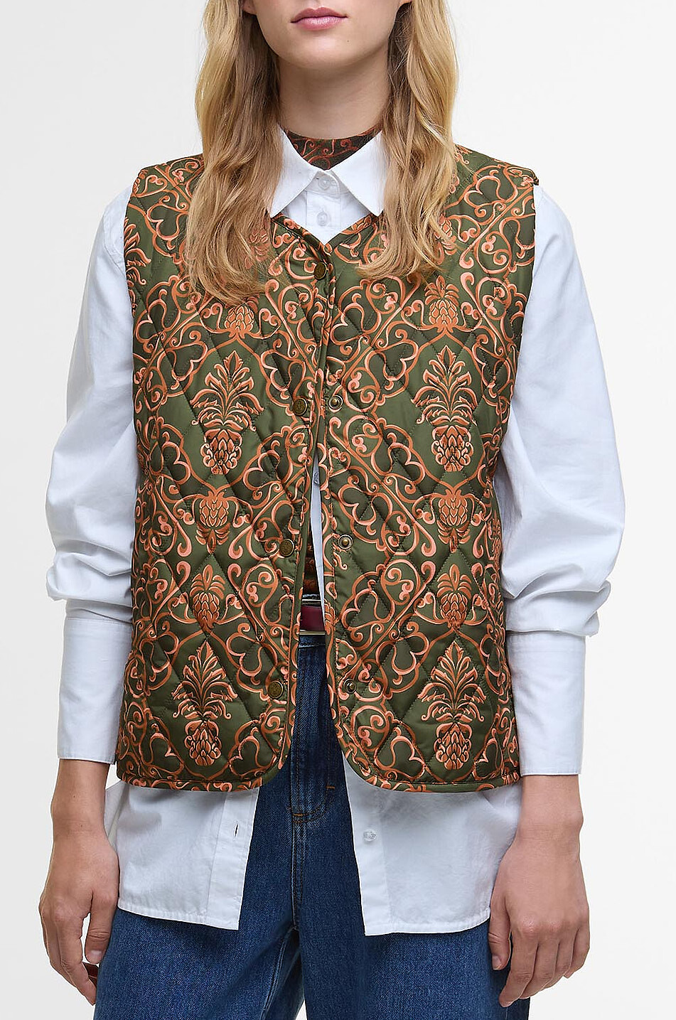 BARBOUR X FARM RIO Fernanda Liner printed quilted vest Women DARK GREEN 2