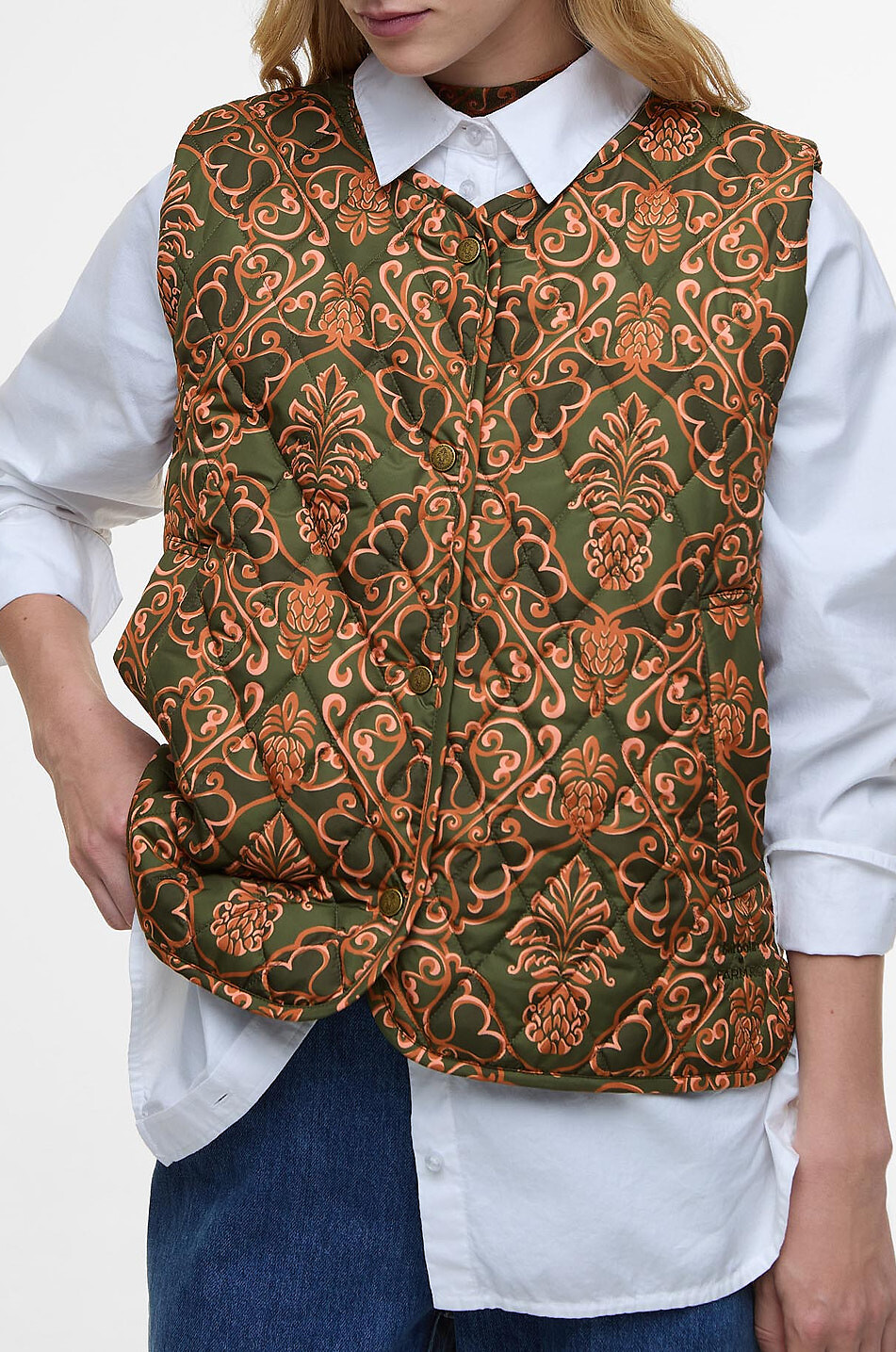 BARBOUR X FARM RIO Fernanda Liner printed quilted vest Women DARK GREEN 3