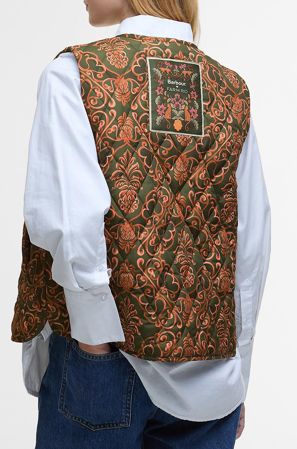 BARBOUR X FARM RIO Fernanda Liner printed quilted vest Women DARK GREEN 4