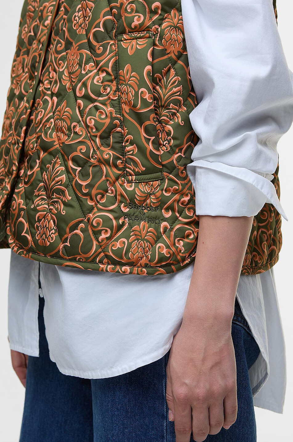 BARBOUR X FARM RIO Fernanda Liner printed quilted vest Women DARK GREEN 6