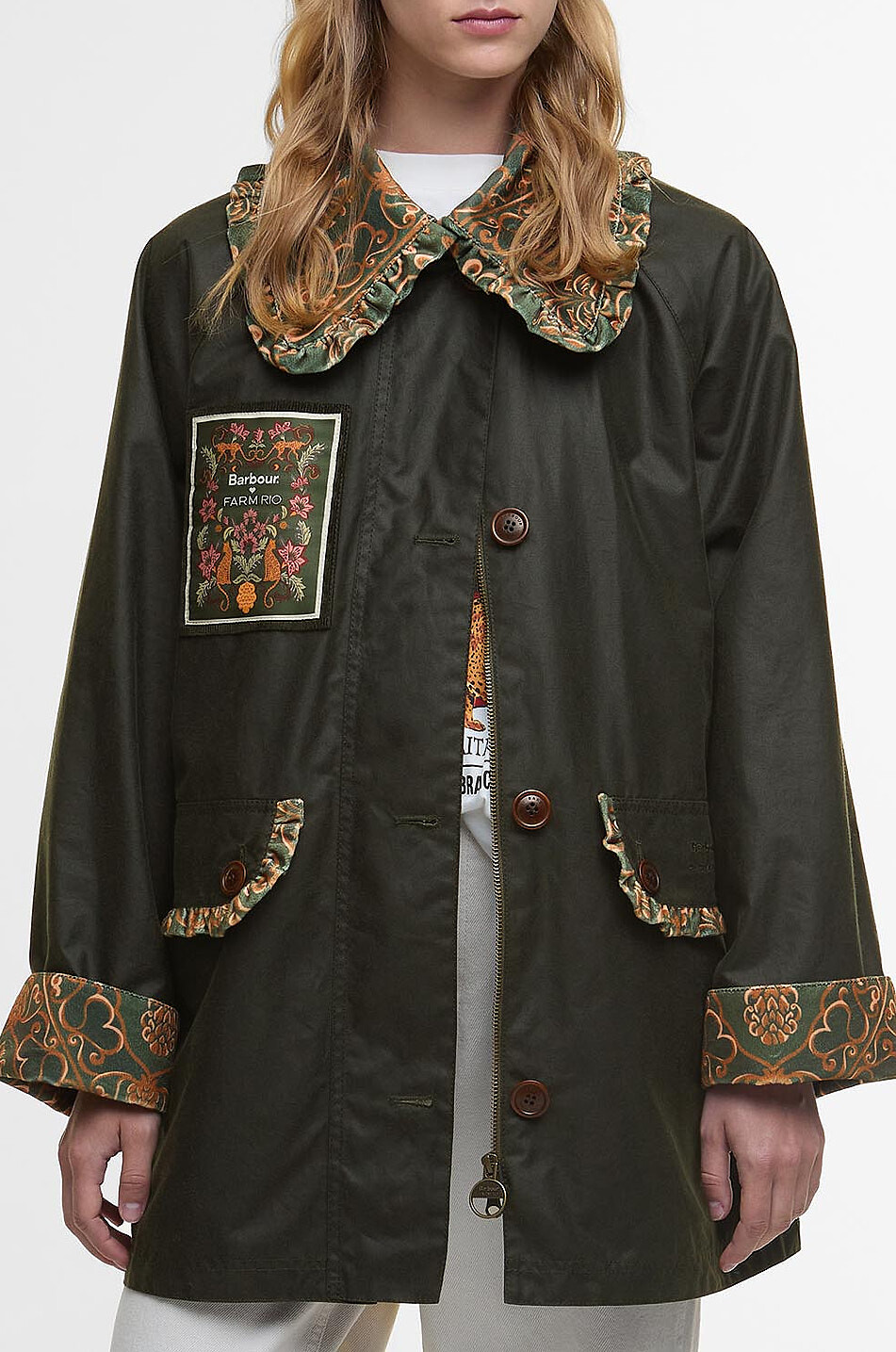 BARBOUR X FARM RIO Maria-Clara waxed jacket Women DARK GREEN 2