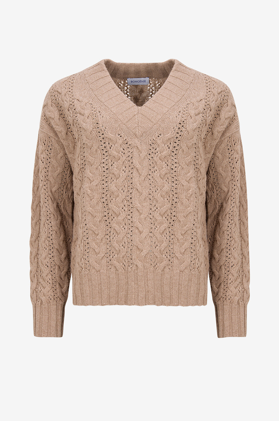 BONGENIE Gestrickter V-Ausschnitt Pullover mit Pailletten Damen Mittle beige 1