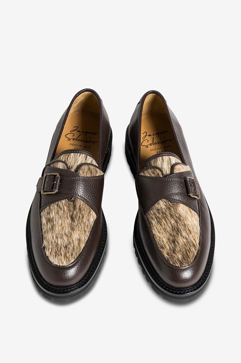 JACQUES SOLOVIERE Tommy Lug grained leather monkstrap loafers Men BROWN 4