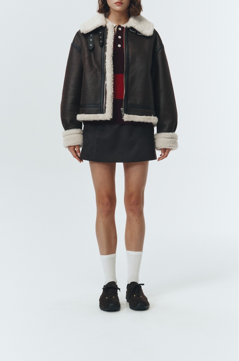 DUNST Manteau court en cuir synthétique à col fourré Femme MARRON 3