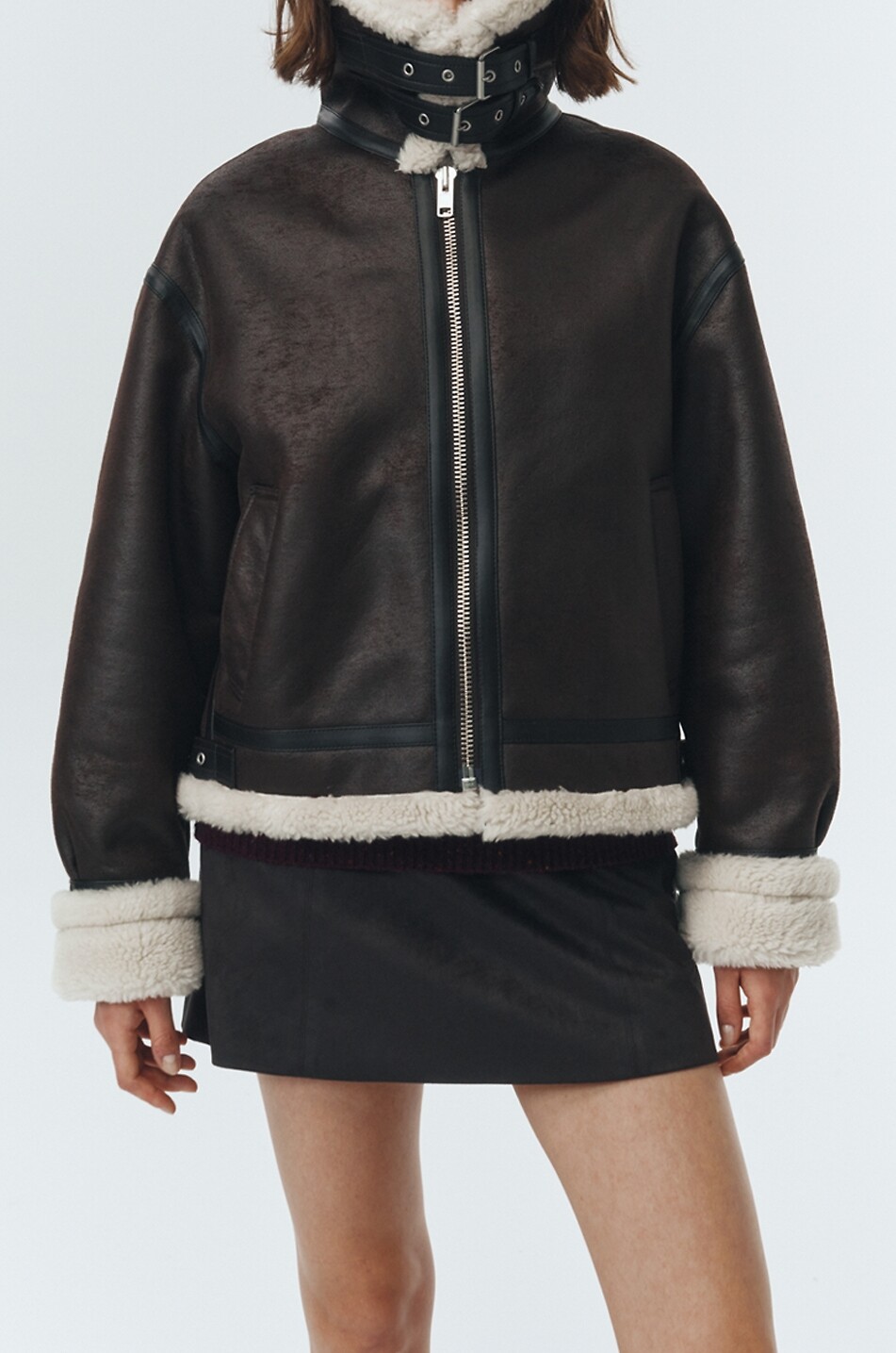 DUNST Manteau court en cuir synthétique à col fourré Femme MARRON 7