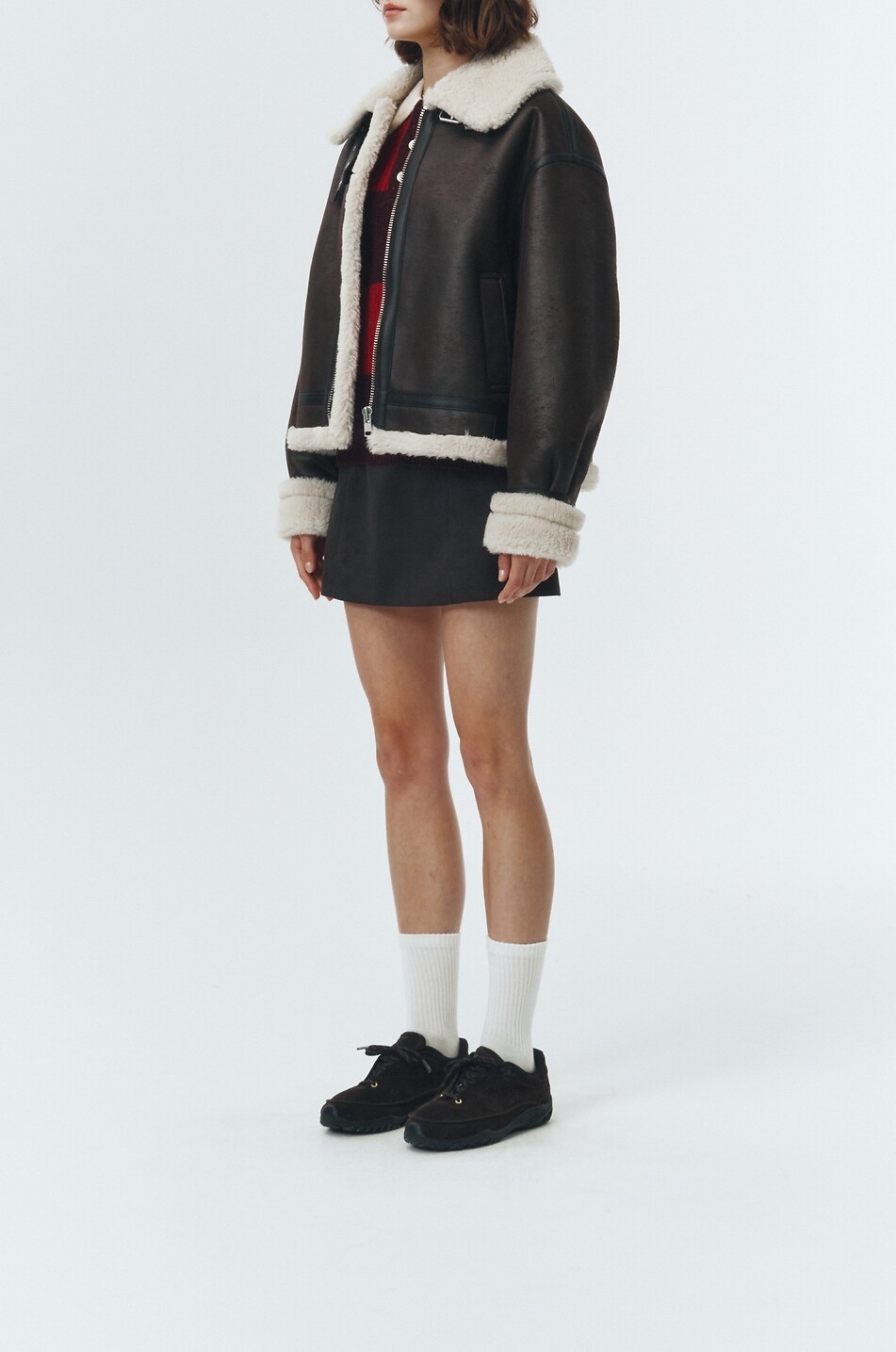 DUNST Manteau court en cuir synthétique à col fourré Femme MARRON 8