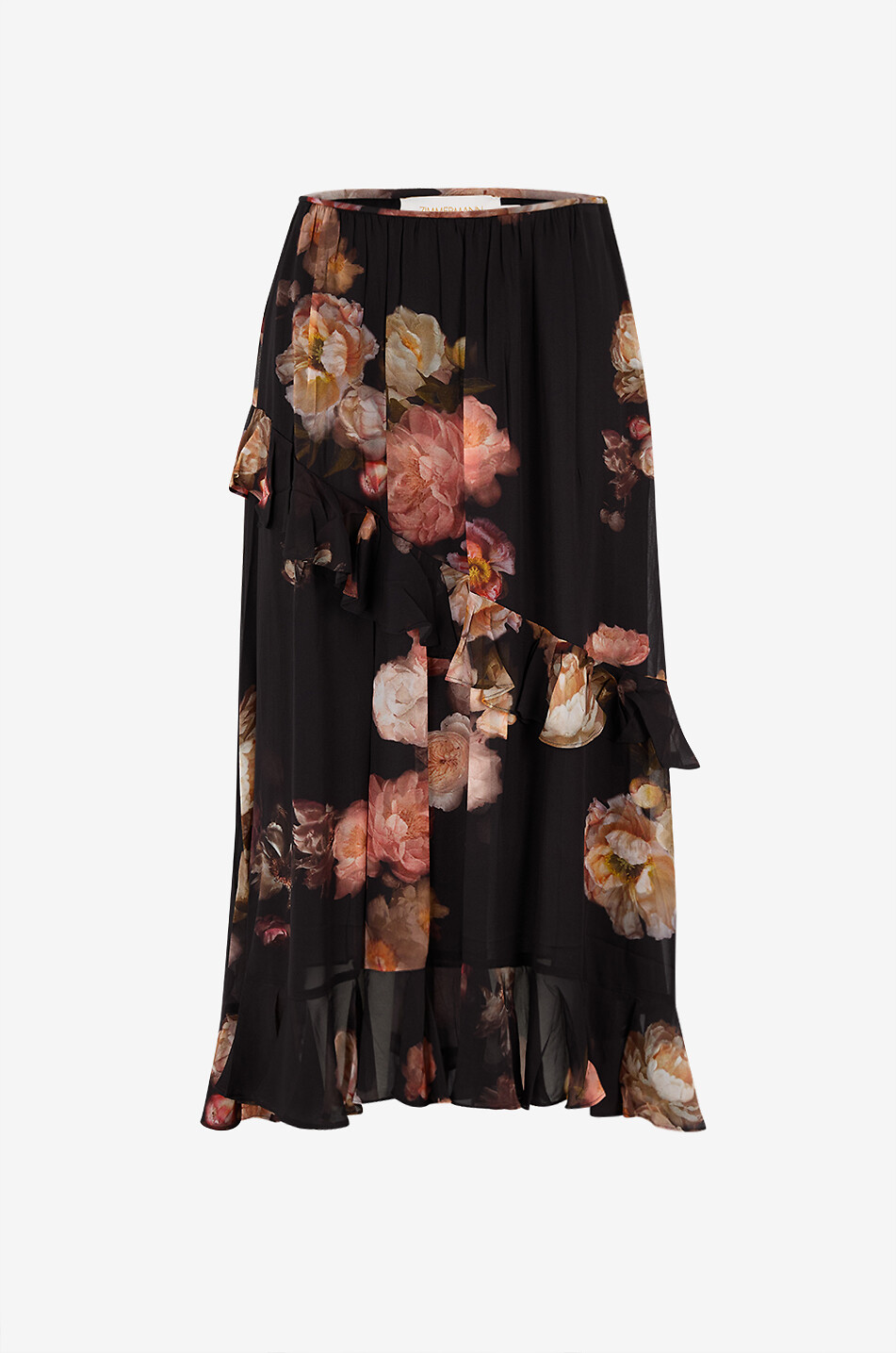 Hypnotic floral asymmetric ruffled maxi skirt