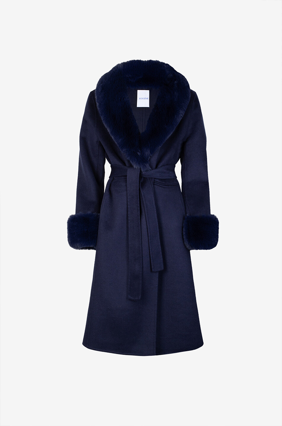 BONGÉNIE Manteau long en laine et cachemire à col fourrure synthétique New Venus Femme BLEU FONCE 1