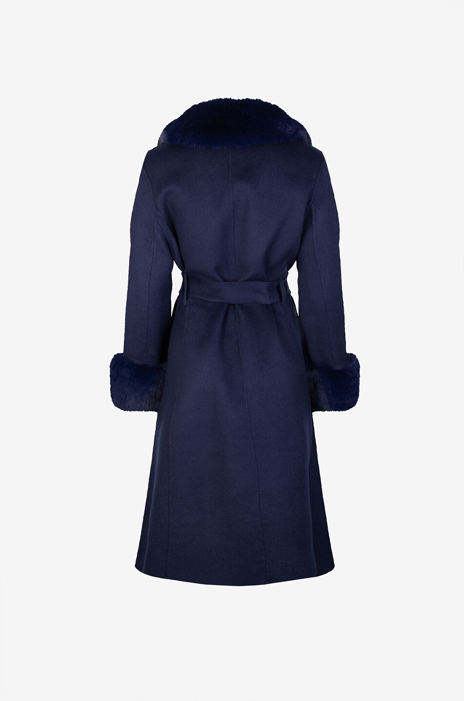 BONGÉNIE Manteau long en laine et cachemire à col fourrure synthétique New Venus Femme BLEU FONCE 2