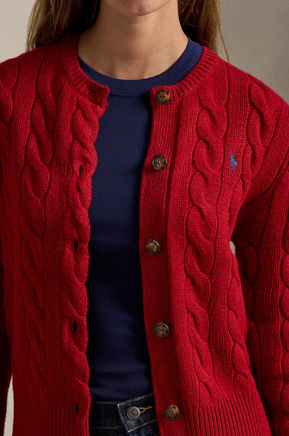 POLO RALPH LAUREN Pony crewneck cable-knit wool and cashmere cardigan Women DARK RED 4