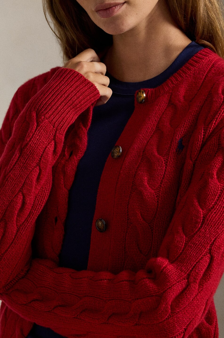 POLO RALPH LAUREN Pony crewneck cable-knit wool and cashmere cardigan Women DARK RED 5