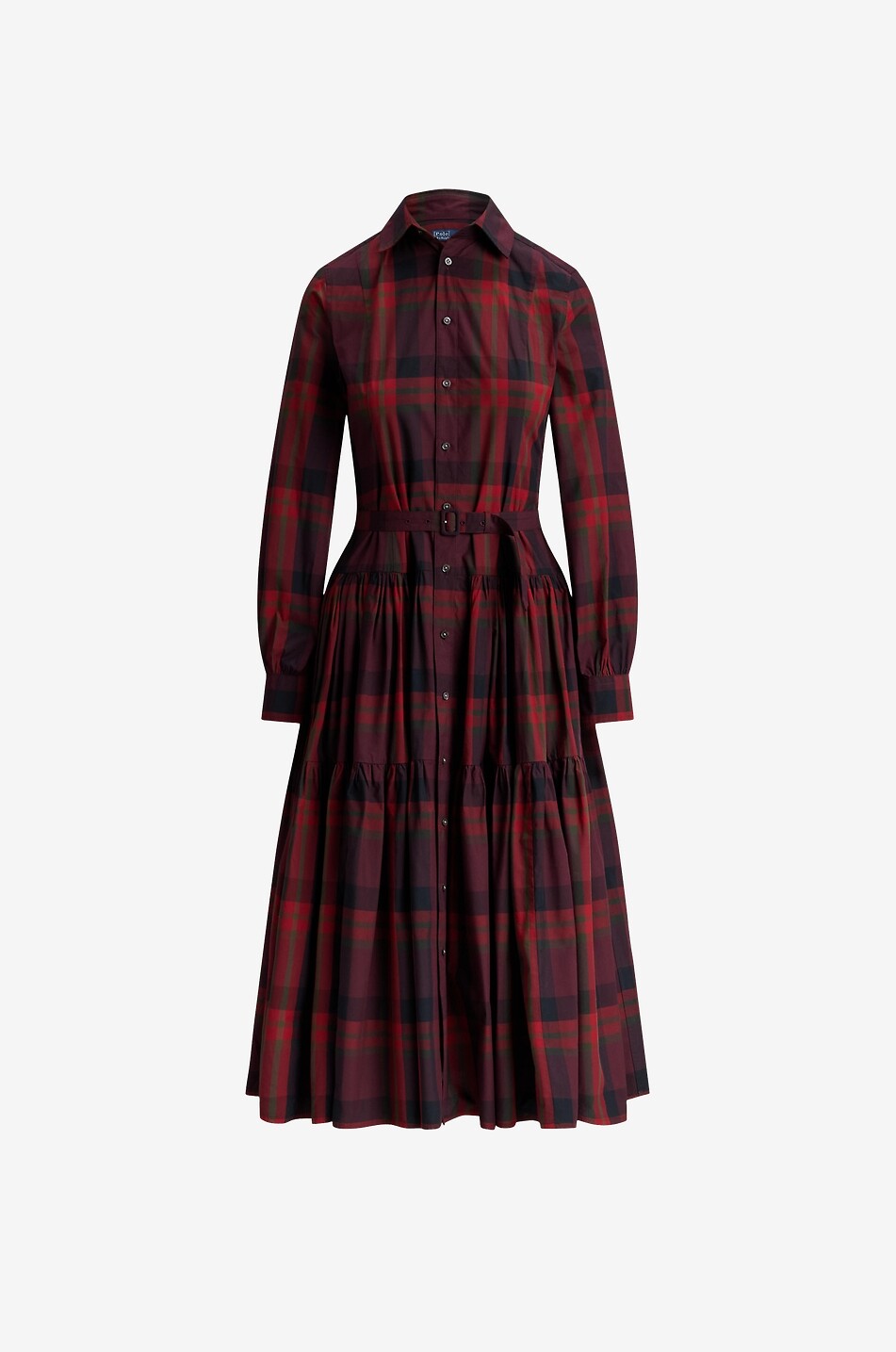 POLO RALPH LAUREN Tiererd-flounced midi plaid shirt dress Women DARK RED 1