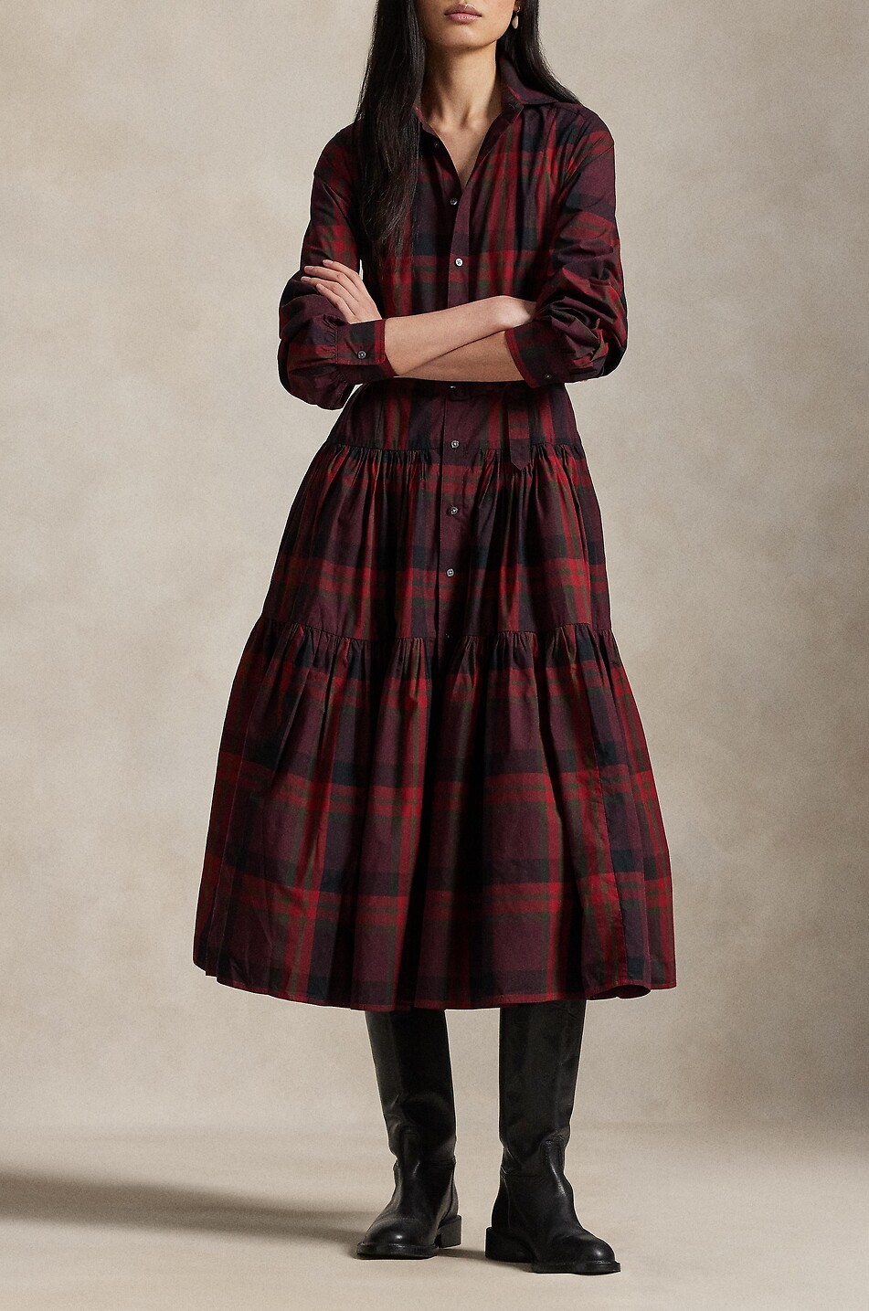 POLO RALPH LAUREN Tiererd-flounced midi plaid shirt dress Women DARK RED 2