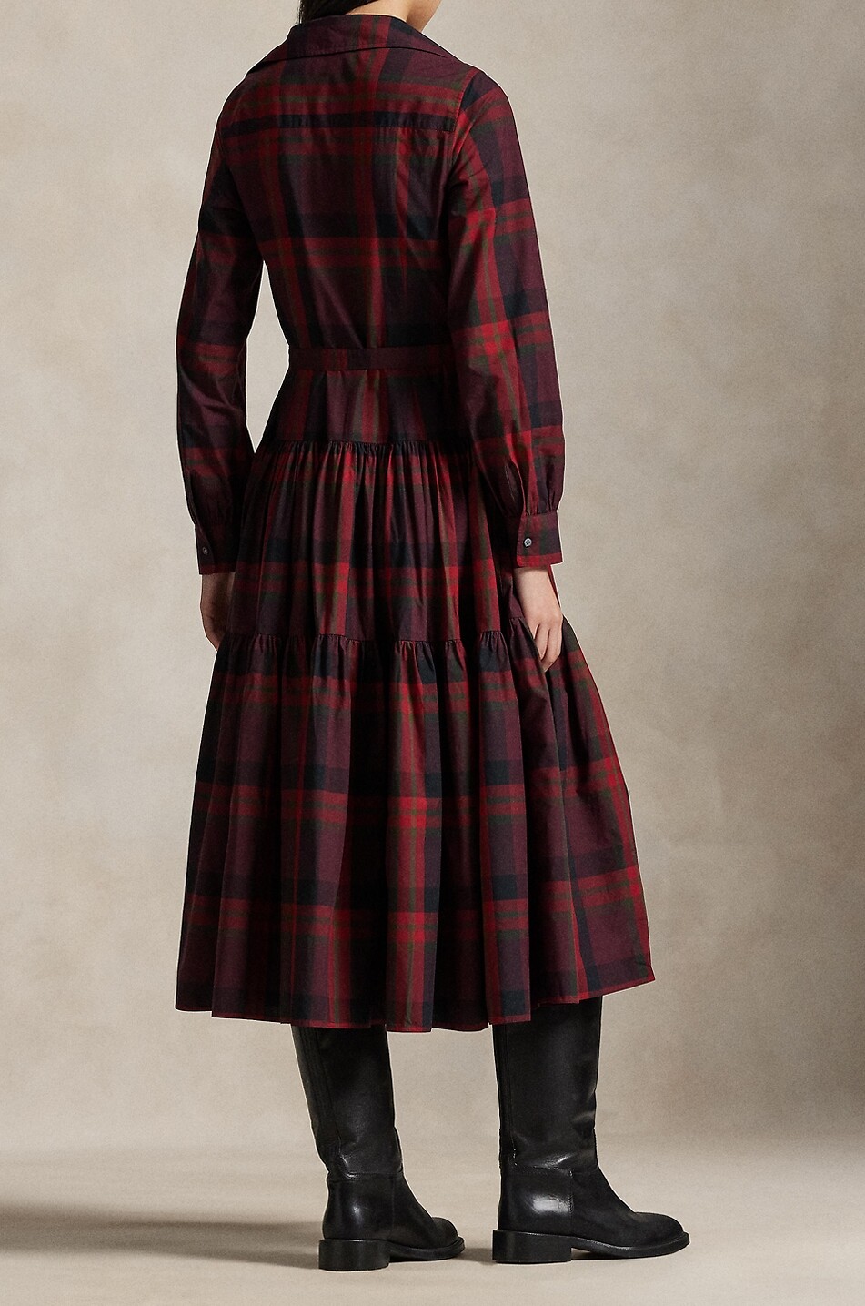 POLO RALPH LAUREN Tiererd-flounced midi plaid shirt dress Women DARK RED 3