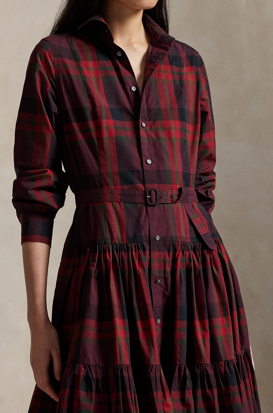 POLO RALPH LAUREN Tiererd-flounced midi plaid shirt dress Women DARK RED 4