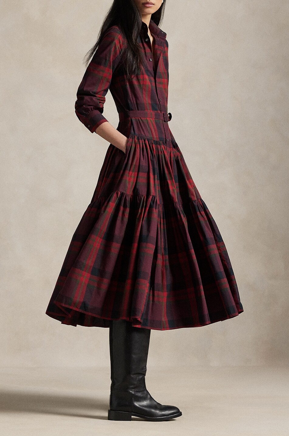 POLO RALPH LAUREN Tiererd-flounced midi plaid shirt dress Women DARK RED 5