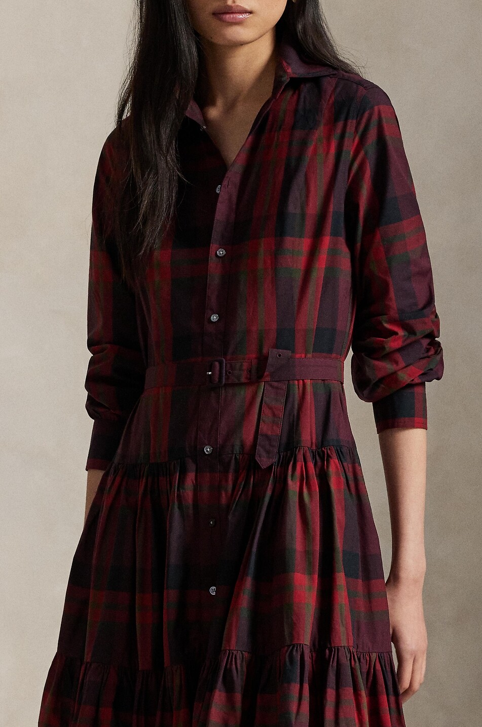 POLO RALPH LAUREN Tiererd-flounced midi plaid shirt dress Women DARK RED 6