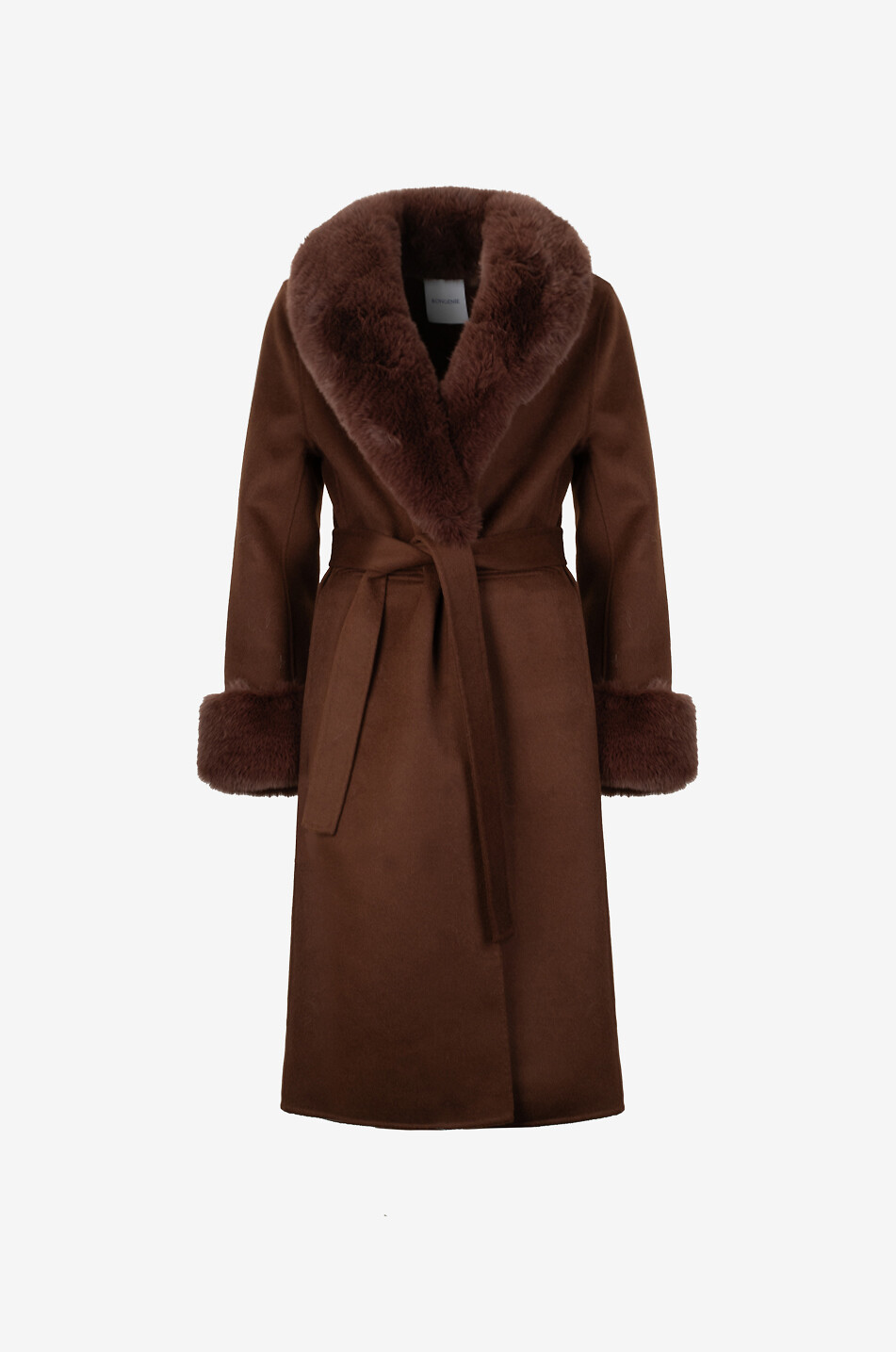 BONGÉNIE Manteau long en laine et cachemire à col fourrure synthétique New Venus Femme MARRON FONCÉ 1