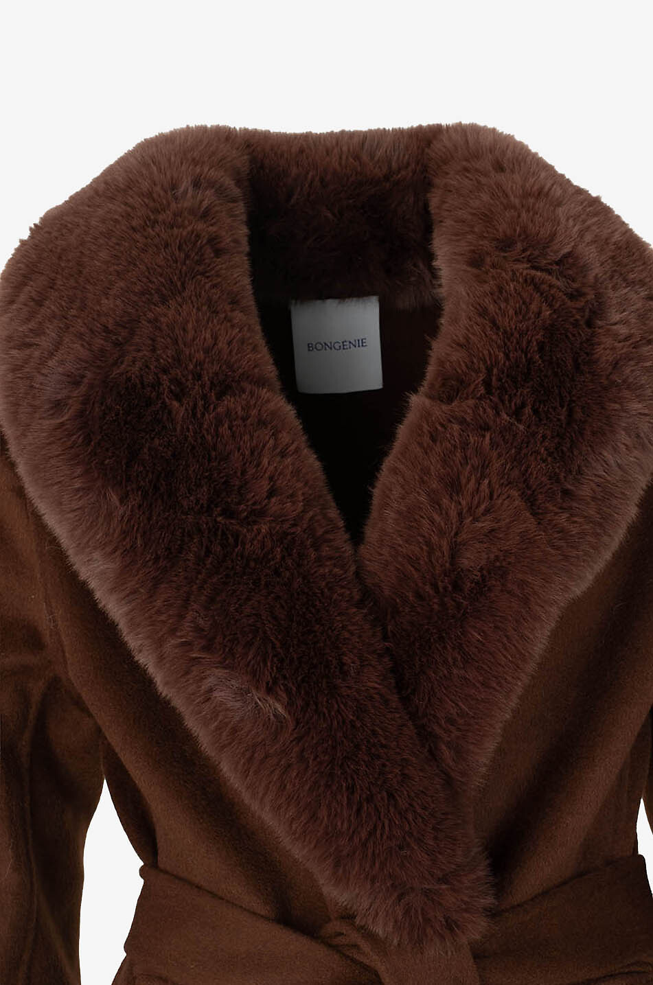 BONGÉNIE Manteau long en laine et cachemire à col fourrure synthétique New Venus Femme MARRON FONCÉ 3