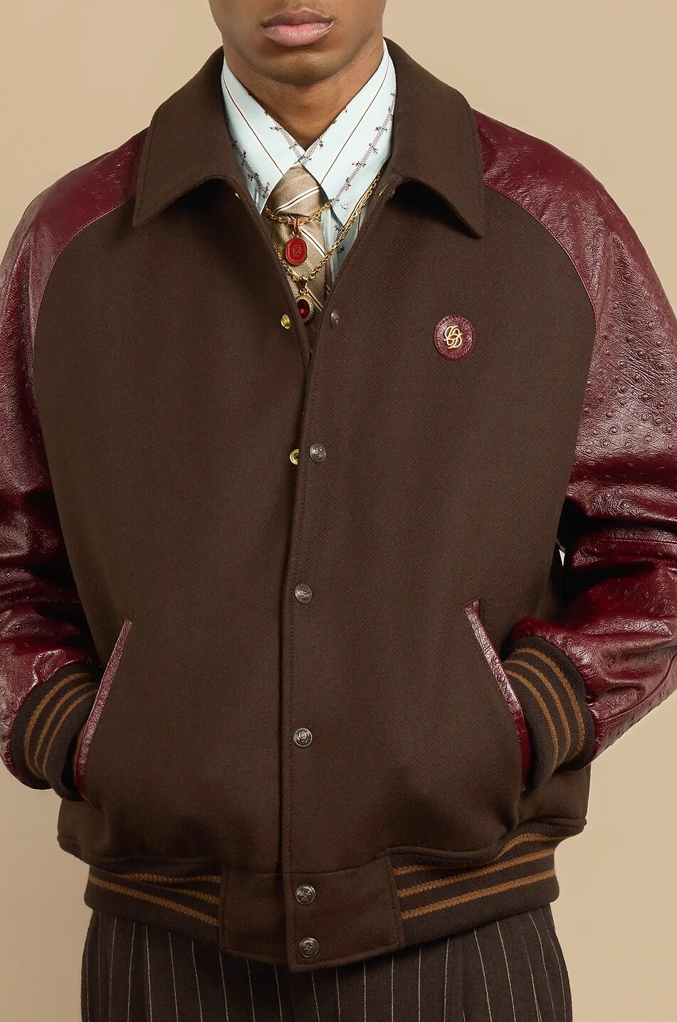 DROLE DE MONSIEUR Blouson bomber en laine et cuir à manches raglan Homme MARRON FONCÉ 2