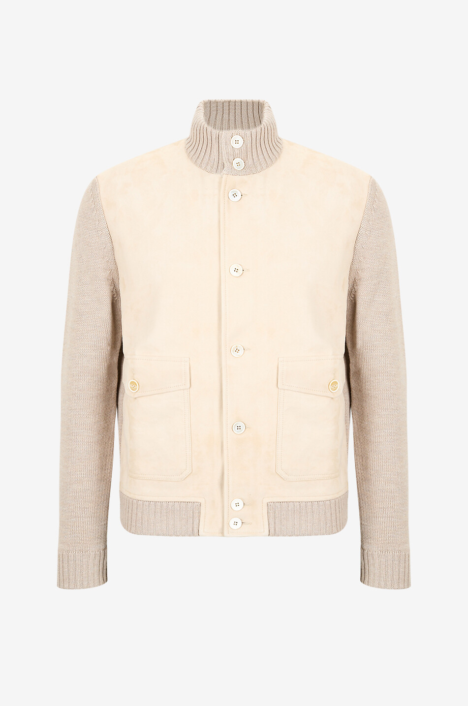 Suede bomber jacket with wool sleeves