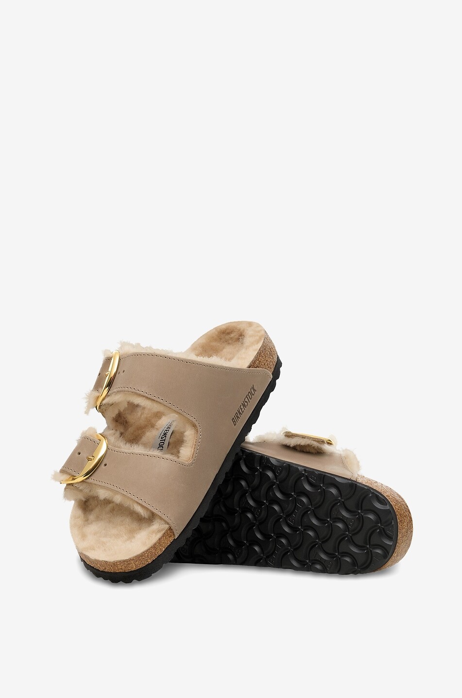 BIRKENSTOCK Flache Wildleder-Pantoletten mit Shearling-Futter Arizona Big Buckle Damen HELLBRAUN 4