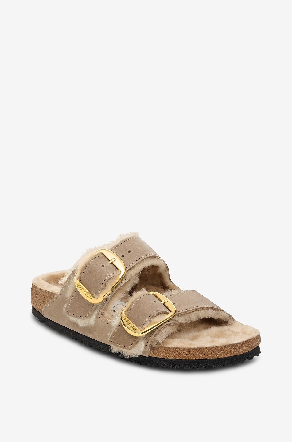 BIRKENSTOCK Flache Wildleder-Pantoletten mit Shearling-Futter Arizona Big Buckle Damen HELLBRAUN 1
