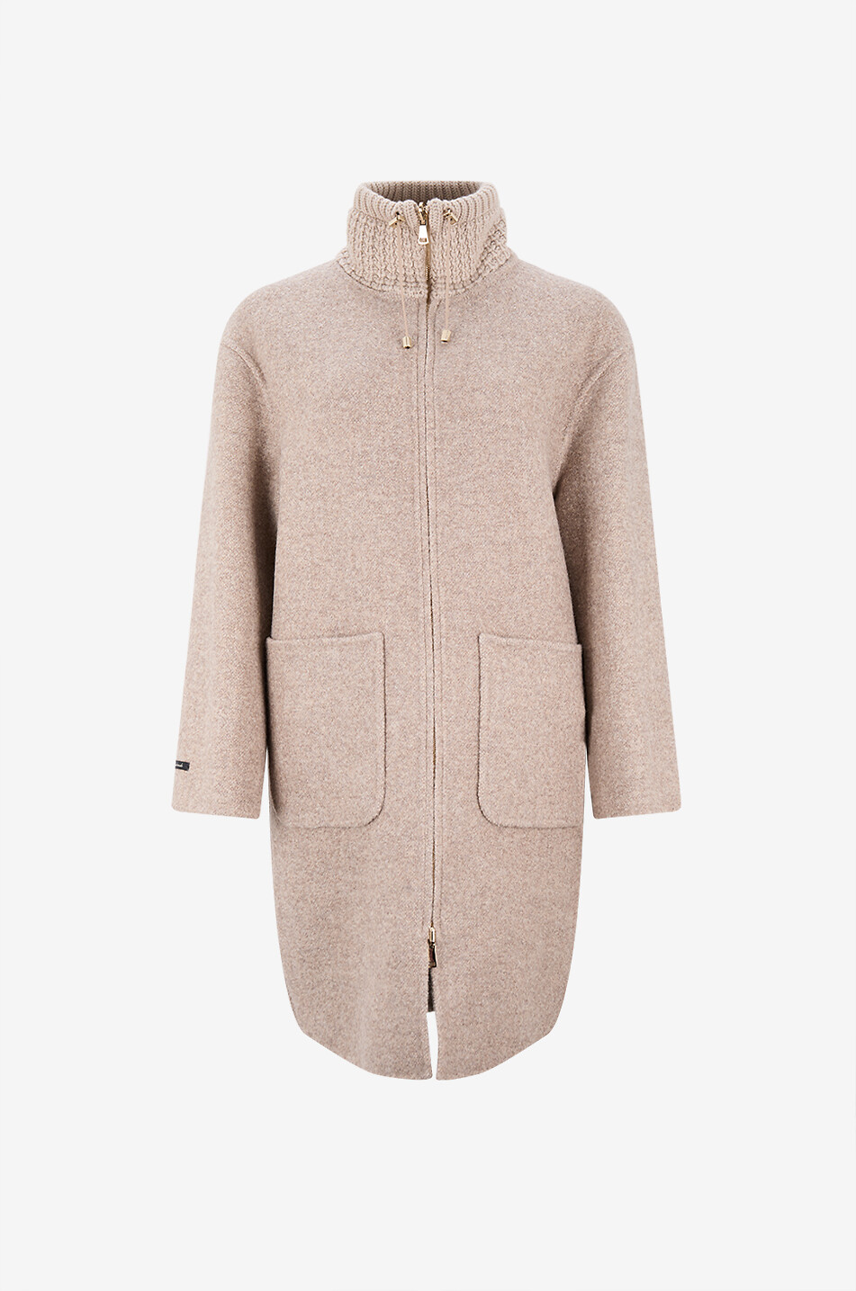 Long coat with high neck in bouclé knit