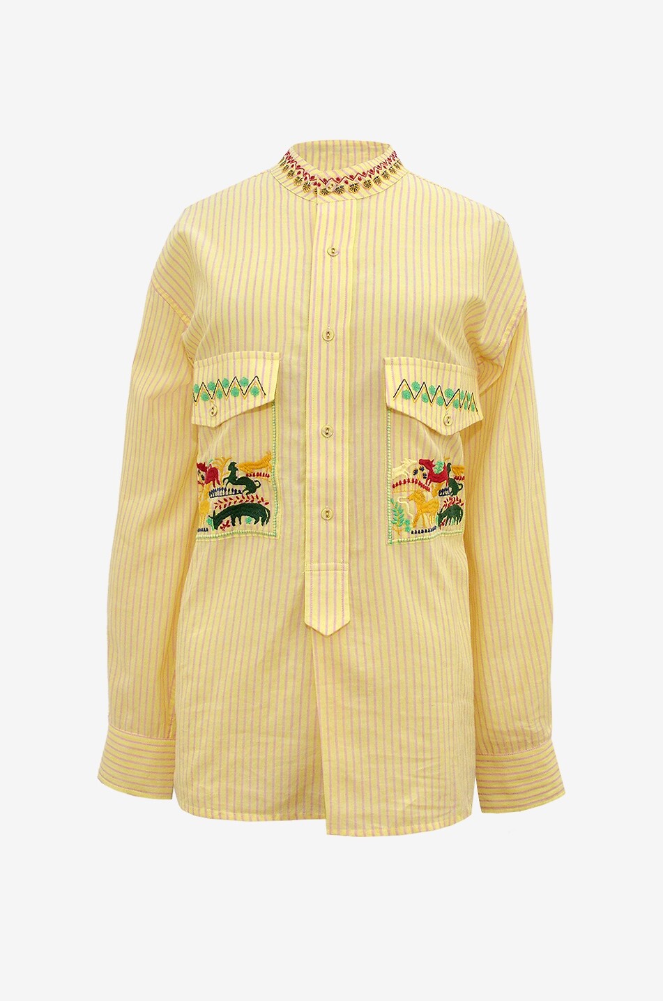 Mao-Kragen Hemd mit Streifen und Stickerei Empover