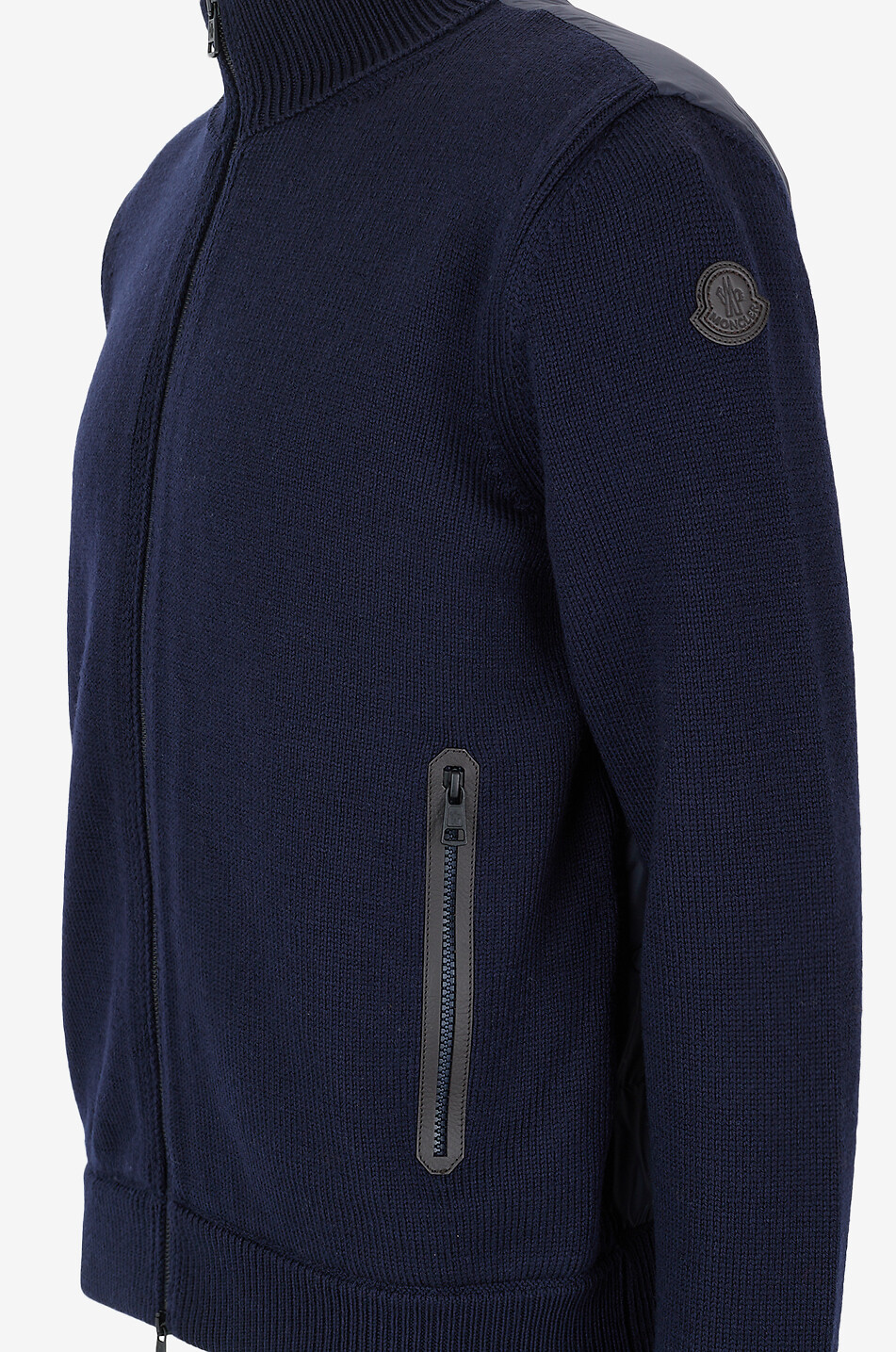 MONCLER Cardigan zippé en laine et cuir à dos matelassé Homme BLEU FONCE 3