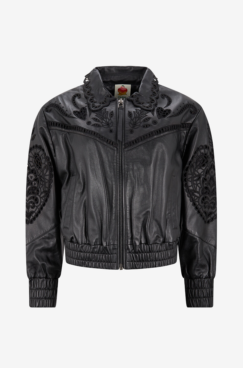 Veste courte en cuir à broderies anglaises