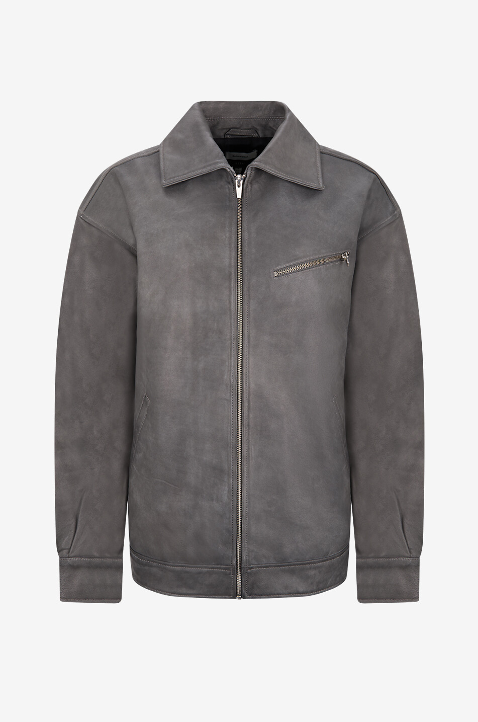 REFORMATION Bomber en cuir vieilli à col chemise Veda Marco Femme GRIS FONCÉ 1