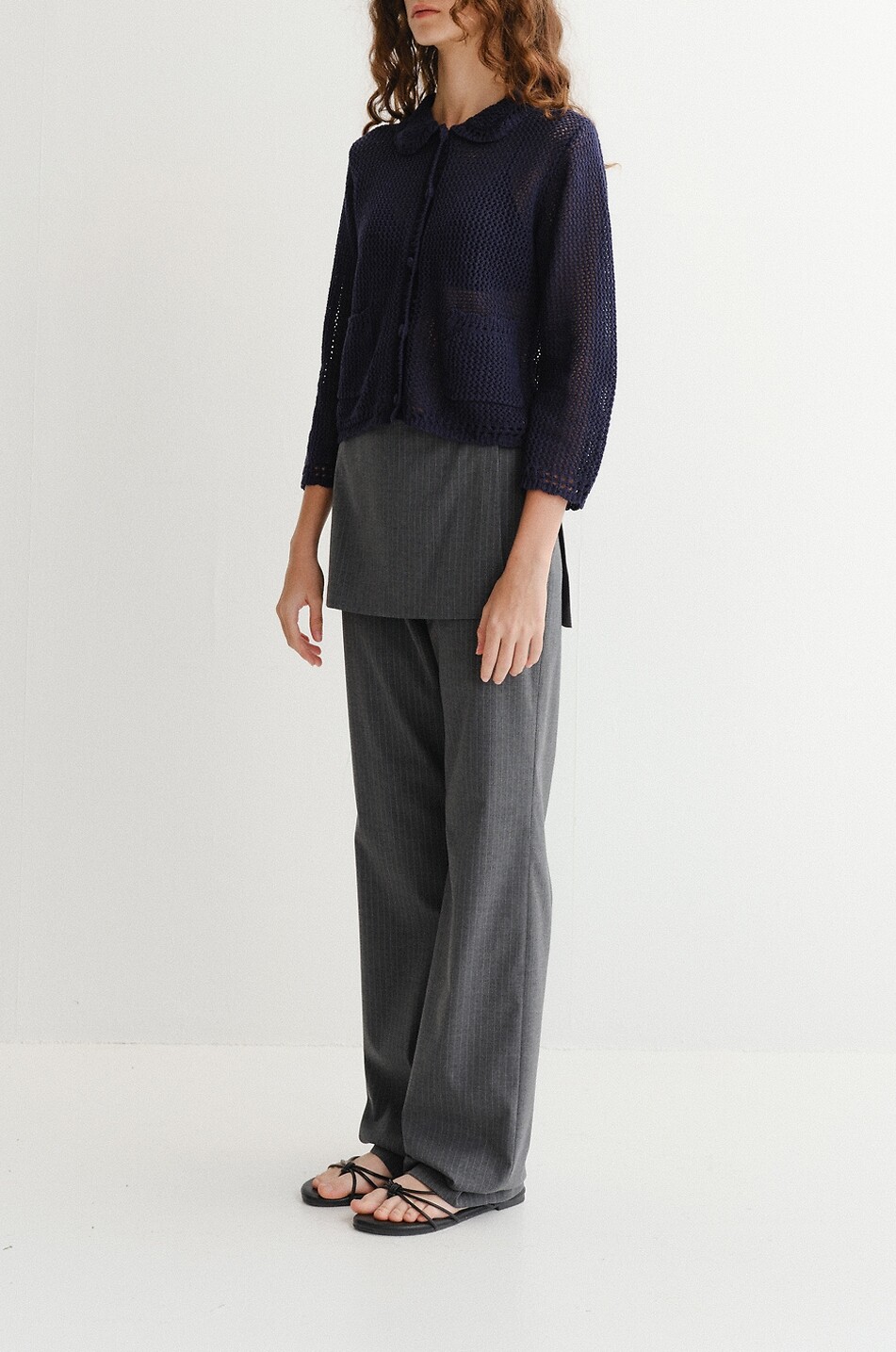 DUNST Peter-Pan collared openwork knit linen and cotton cardigan Women DARK BLUE 8