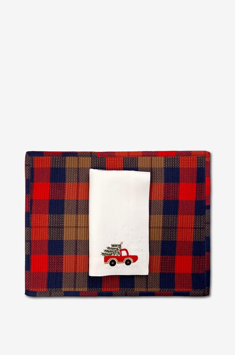 THE TABLE LOVE Baumwoll- und Leinenserviette mit Stickerei Christmas Truck Haus BUNT 5