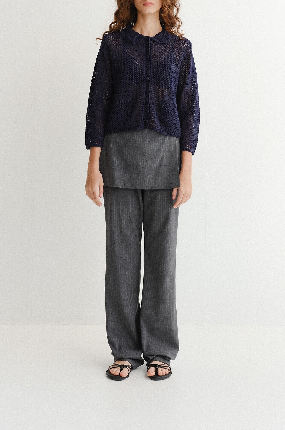 DUNST Peter-Pan collared openwork knit linen and cotton cardigan Women DARK BLUE 3
